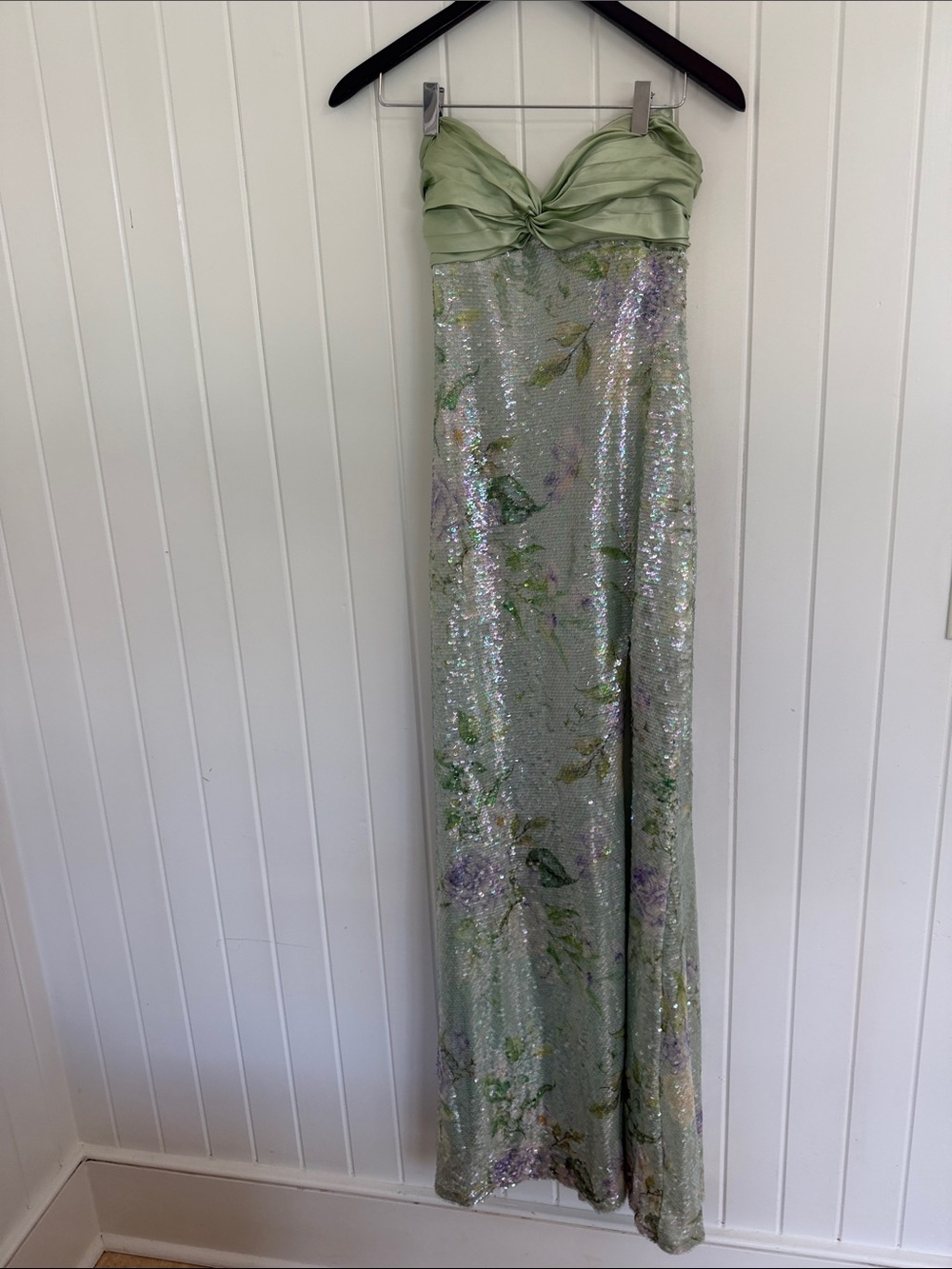 Light Green Strapless Sequin Floral Evening Dress
